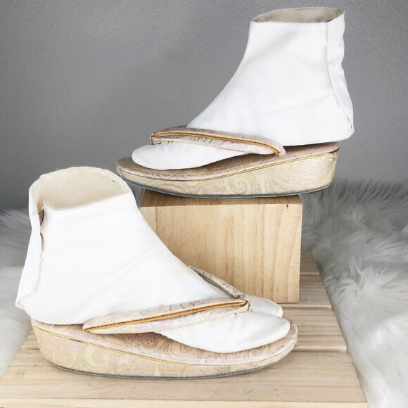 Vintage Japanese Silk Handmade Geisha Gold & Cream Floral Sandal Clog Size 7.5 - Picture 9 of 9